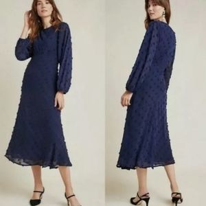 ANTHROPOLOGIE ERI and ALI ROMANTIC RETRO LONG SLEEVE DRESS WOMENS 4 BLUE TUFTED